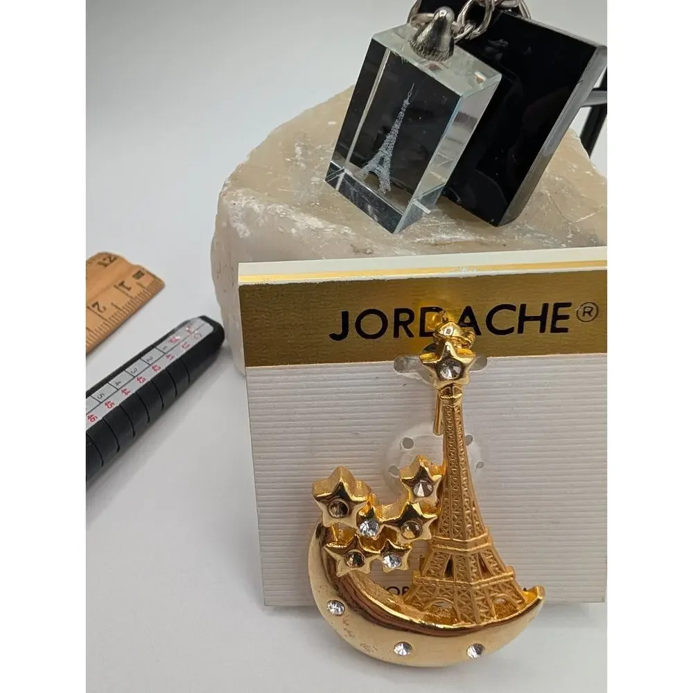 Eiffel Tower Souvenir Keychain & Jordache Brooch Pin Set Paris France Theme New
